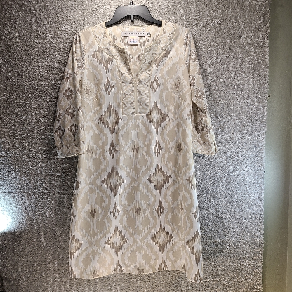 Gretchen Scott Beige Kitt Ikat Jersey Spit Neck 3/4‎ Sleeve Dress Size S Women